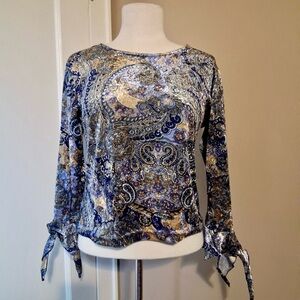 Vintage Velvet Paisley Blue and Tan Women's Tie-Sleeve Top -Size M -TP59